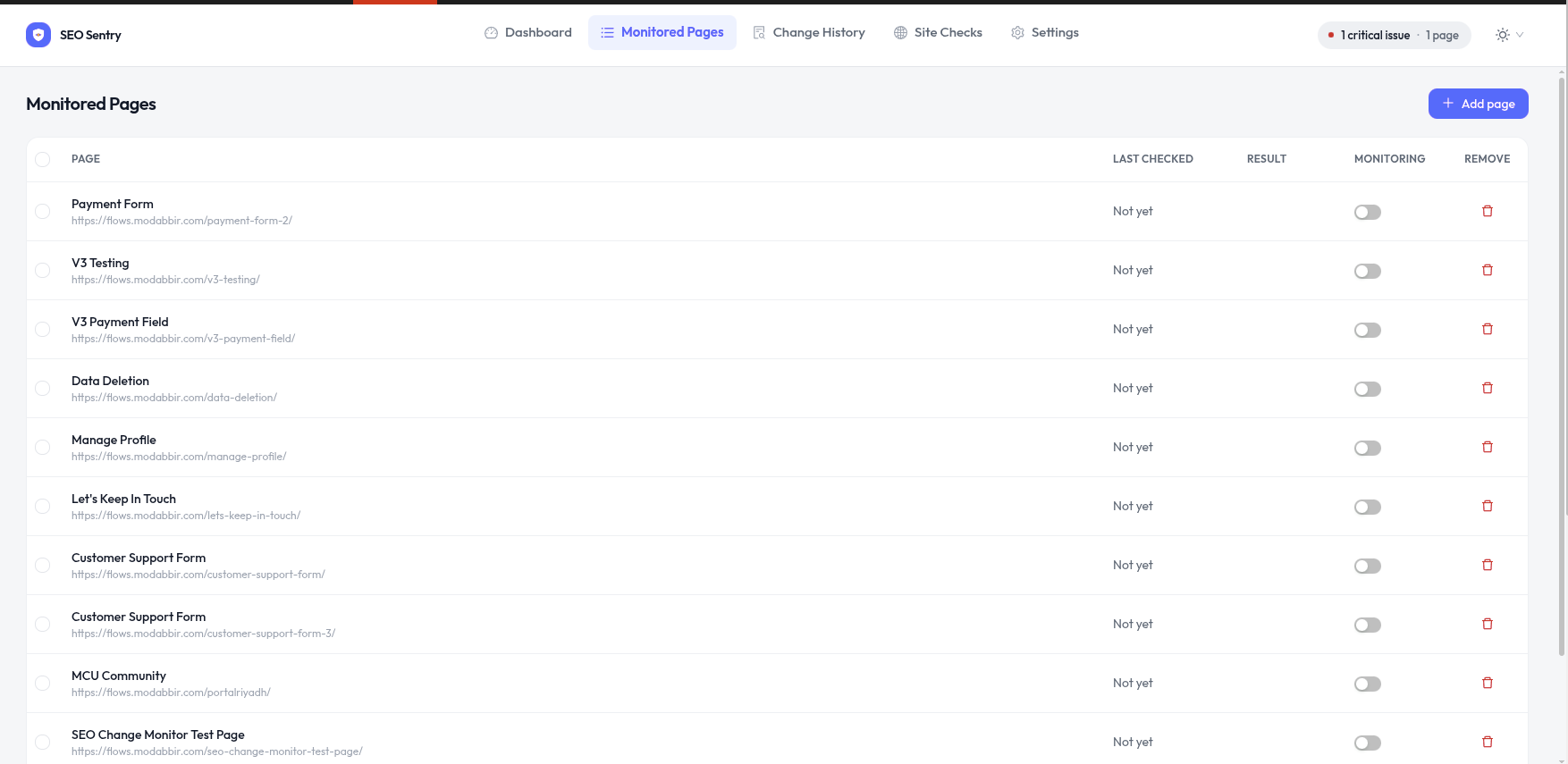 SEO Sentry Monitored Pages screen