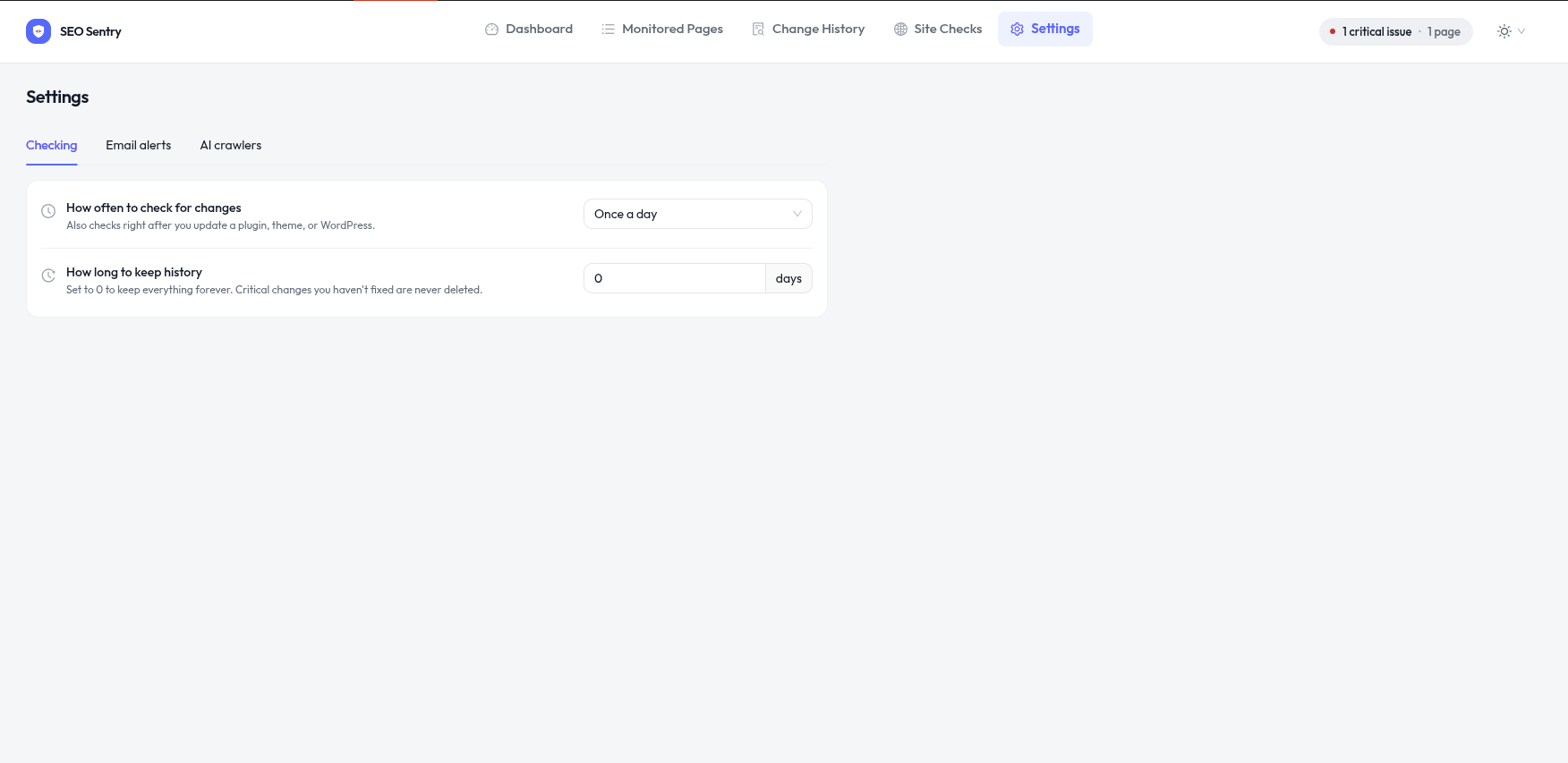 SEO Sentry Settings screen